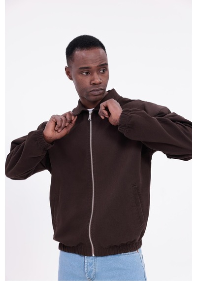 Freemen Erkek Basic Gabardin Kumaş Fermuarlı Oversize Mevsimlik Polo Yaka Ceket Kiremit