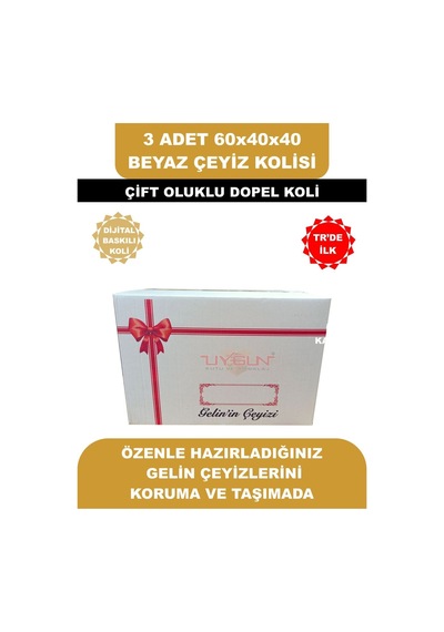 3 Adet 60x40x40 Kurdale Baskılı Beyaz Çeyiz Kolisi, İsim Yazma Alanı Renkli Baskı, Çift Oluklu