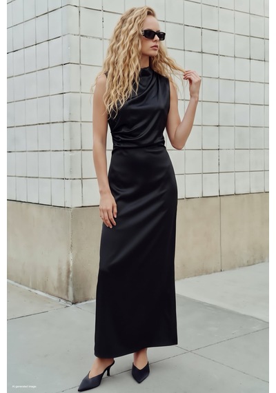 Sateen Kolsuz Saten Elbise - Siyah-137972