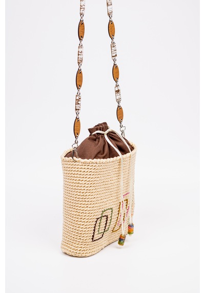 Fabric Craft Bag Örgü Omuz Çantası Metal Zincir Askılı Astarlı Boho Bej - Sütlü Kahve