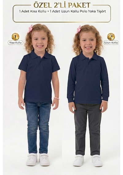 Nacar Store Unisex Çocuk Uzun Ve Kısa Kollu Polo Yaka Okul Tişörtü 2'li Set Lacivert