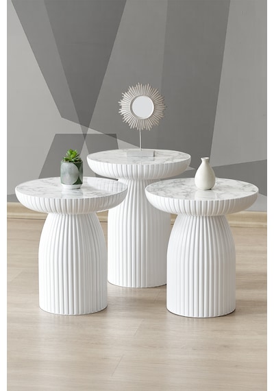 Dıamond,bohem Sehpa, 3'lü Set,yan Sehpa,zigon Sehpa-beyaz Renk Gövde & Beyaz Mermer Desenli Tabla Beyaz Gövde & Beyaz Mermer Desenli Tabla
