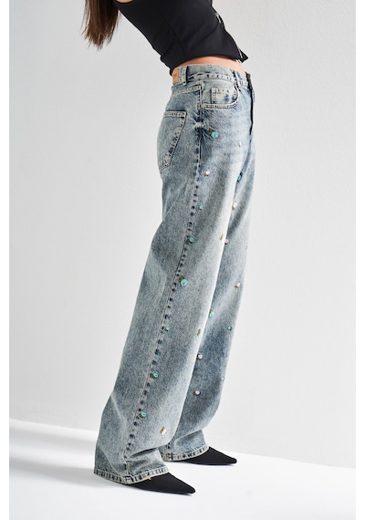it's basic Kadın Kot Rengi 4s5-65 Çiçek Nakışlı Loose Fit Orta Bel %100 Koton Denim Jean Mavi