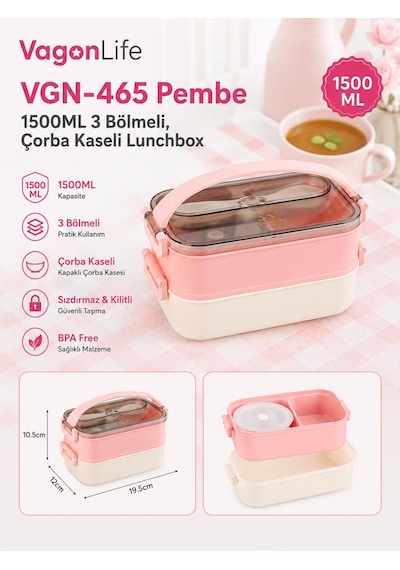 Vagonlife Vgn-465 Pembe 1500 Ml Kapasiteli 3 Bölmeli Çorba Kaseli Lunch Box Beslenme Kabı Çok Renkli