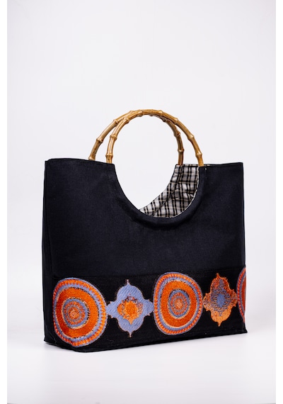 Fabric Craft Bag El Çantası Duck Kumaş Etnik Bordürlü Lacivert Lacivert - Mavi