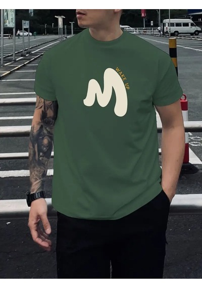 Unisex Pamuklu Wake Up Ön Baskılı Tasarım Tshirt Yeşil