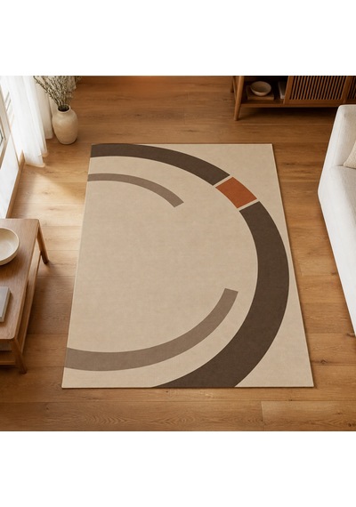 Kartela Halı Yörünge Daire Desenli Modern Halı Bej Kaymaz Taban Makinede Yıkanabilir 120x180 Cm