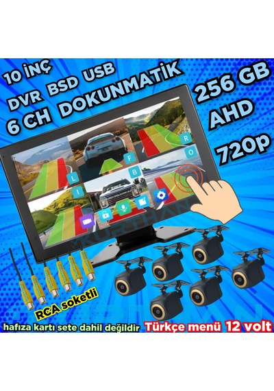 170'' Balık Gözü Ahd 720p Rca Kamera 6 Kanallı 10 İnç Dokunmatik Usb Bsd Dvr Ekran 12 Volt