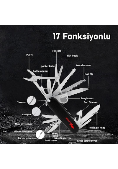 Valkyrie17 Fonksiyonlu Çok Amaçlı Multitool Kamp Çakı Profesyonel Outdoor & Günlük Kullanım Siyah