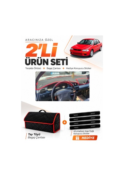 Mazda 323 Familia Kapaklı 1994-1998 Uyumlu Torpido Örtüsü + Tay Tüyü Çanta Seti - Siyah Kırmızı