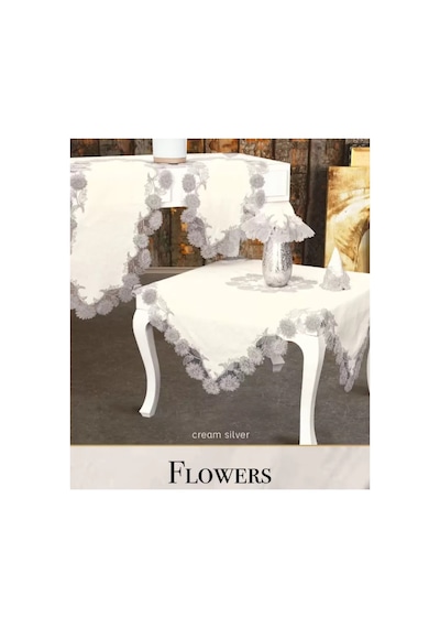 Salon Takımı Çeyizlik Flowers Model Bej 5 Parça Keten Dantelli Masa Örtüsü Seti Çok Renkli