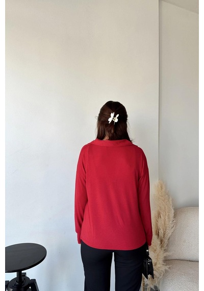 WeShaya Kadın Kırmızı Polo Yaka Basic Bluz, Uzun Kol, Regular Kesim, Günlük Ve Spor Sweatshirt Kırmızı