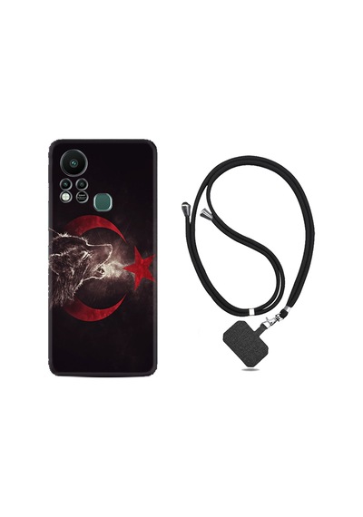 Infinix Hot 11S Kılıf İpli Boyun Askılı Desenli Silikon Kurt ve Ay Yıldız 1403