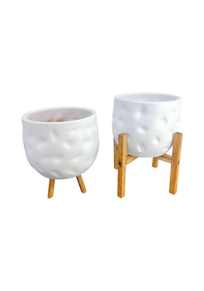 Bitki Tasarımı Ev Dekorasyon Aksesuar Beyaz Desenli Toprak Saksı Saksılık Salon Çiçeklik İkili Set 3-4 Ayaklı 19 Cm