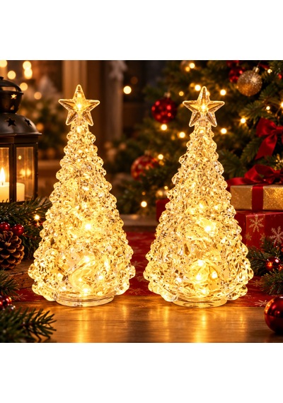 2 Adet Kristal Amber Işıklı Mini Yılbaşı Çam Ağacı Kristal Tepe Yıldızlı Noel Ağacı Yılbaşı Ağacı 10 CM