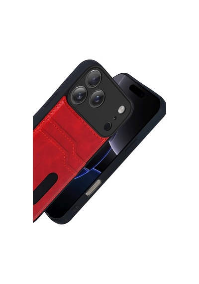 Apple iPhone Uyumlu iPhone 17 Pro Sara Kartvizitli Deri Kılıf - Kırmızı Renkli