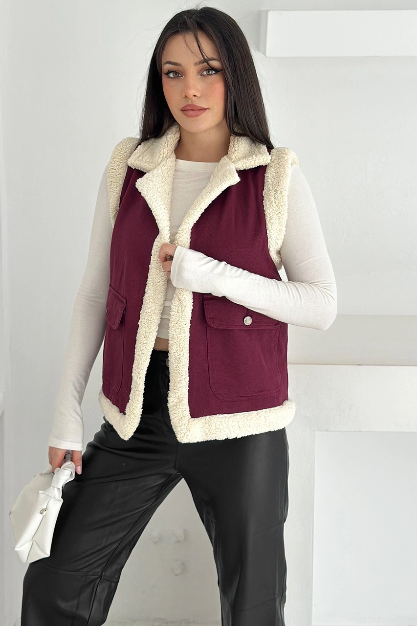 Noa & Noa Kadın Peluş Kenarlı Cepli Yelek Kontrastlı & Kışlık Stil Bordo