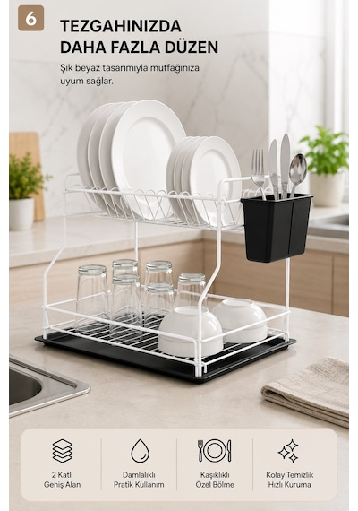 Sas Haus   2 Katlı Metal Bulaşıklık Kaşıklıklı Ve Damlalıklı Tezgâh Üstü Bulaşık Kurutmalık Dtb-02 Beyaz
