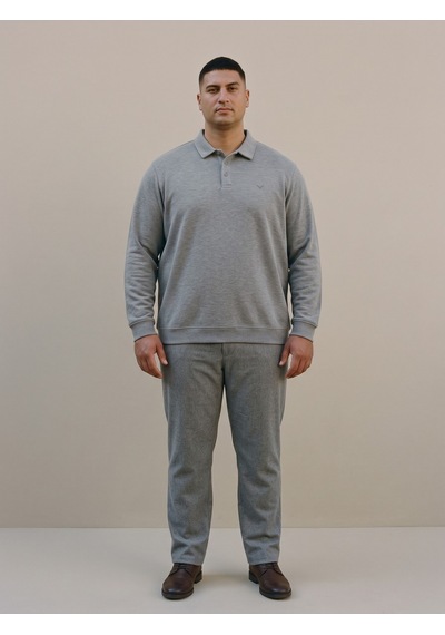 Maccali Erkek Gri Melanj Büyük Beden Polo Yaka Battal Sweatshirt