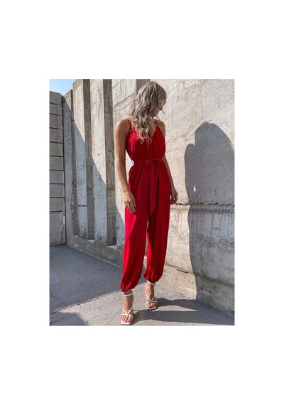 Butik İstanbul Kadın Ip Askılı Kruvaze Yakalı Belden Kuşaklı Uzun Sandy Tulum Kırmızı