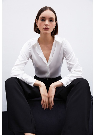Sateen Oversize Saten Gömlek - Ekru