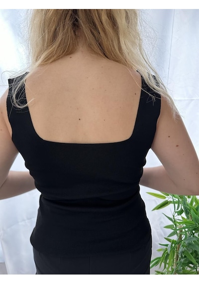 Simli Moda Kare Yaka Siyah Triko Bluz - Kadın