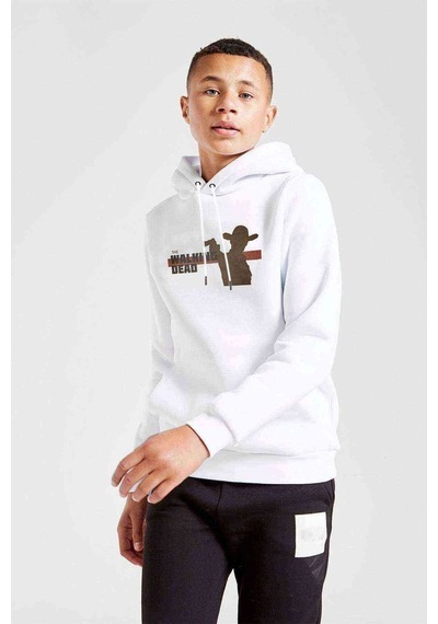 Tshirthane Walking Dead Baskılı Unisex Çocuk Kapüşonlu Beyaz Sweatshirt Beyaz