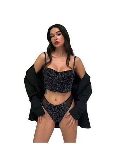 Onsekiz18shop Destekli Pırıltılı Taşlı Siyah Büstiyer Takım