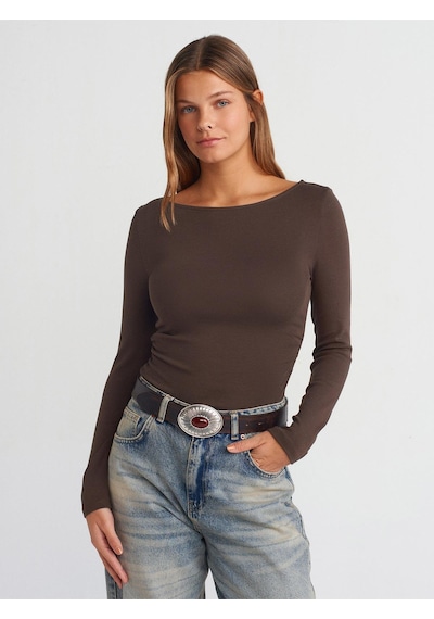 Dilvin 31401 Büzgülü Kayık Yaka Top-koyu Kahve-9830 Koyu Kahve