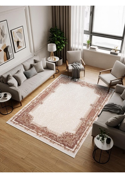 Fontana Ft003p Krem Kahve Akrilik Halı Klasik Desen Pamuk Taban Tozu Az Salon Oturma Odası Halısı-1046 Krem