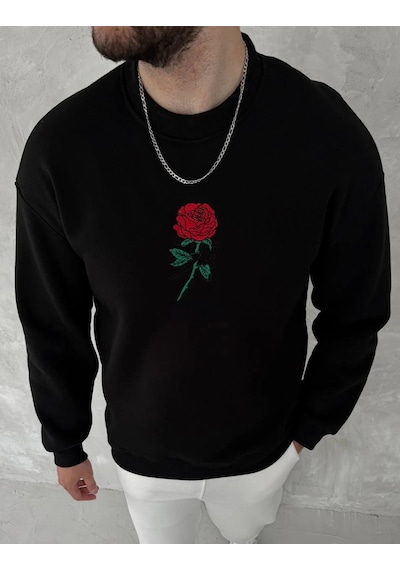 Barlashive Erkek 3 İplik Pamuklu Bisiklet Yaka Ön Ve Arka Baskılı Sweatshirt - Siyah Çok Renkli
