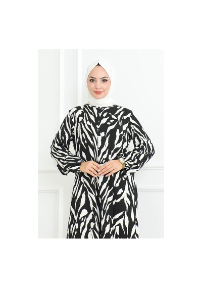 Modi Zebra Desen Tesettür Elbise Siyah