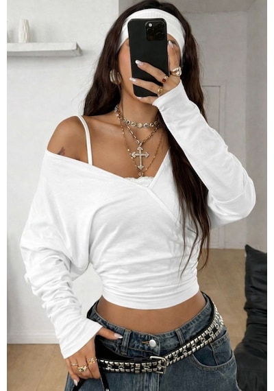 Kadın Beyaz Kruvaze Yaka Uzun Kollu Crop Bluz Beyaz