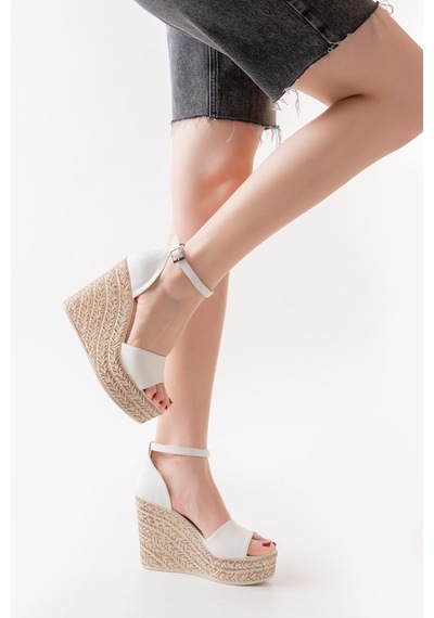 Asmi Shoes Kadın Dolgu Topuklu Ayakkabı Rahat Yüksek Topuklu 11cm Beyaz Beyaz