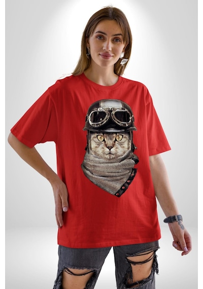 Kasket Bandana Motorcu Kedi Pamuklu Bisiklet Yaka Unisex Oversize Boyfriend Dijital Baskılı Kırmızı T-shirt Kırmızı