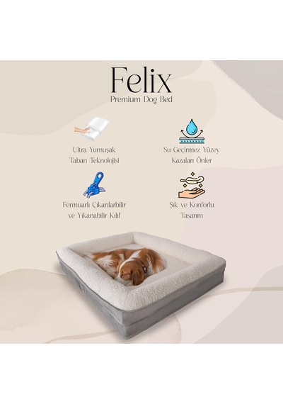 Felix Köpek Yatağı Gri Büyük 90x110 Cm, Visco Sünger,%100 Su Geçirmez Alez, Çıkarılabilir Yıkanabilir Kılıf