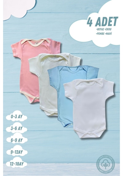 Betül Bebek Kısa Kollu 4'lü Organik Pamuk Çıtçıtlı Bebek Body & Zıbın Pembe,ekru,mavi,beyaz Çok Renkli