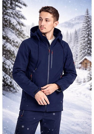 Vatan Tekstil Erkek Slim Fit Softshell Kapüşonlu Erkek Mont Su İtici Rüzgar Geçirmez Lacivert
