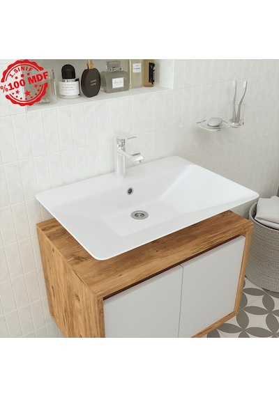 Banos Roomart Ayaksız 2 Kapaklı Lavabolu Ahşap-Mat Beyaz Mdf 65 . Beyaz