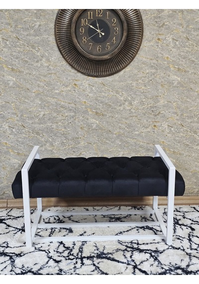 Zafir Beyaz Boyalı Metal 80 Cm Puf Bench - Antre Puf - Hol Bench - Puf - Oturak - Bench Siyah