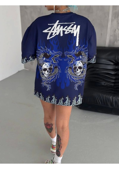 Wear Vexel Unisex Bisiklet Yaka Baskılı Oversize T-shirt - Lacivert Lacivert