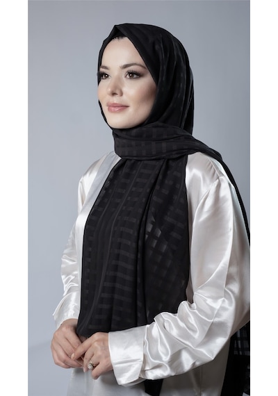 Hürrem Bone Siyah Desenli Şal Şifon Kumaş Kareli Çizgili 202107 01 Siyah