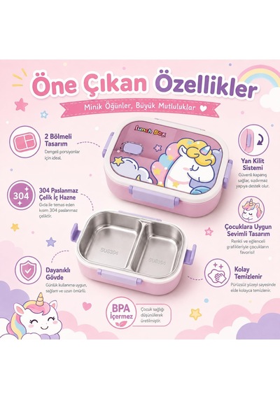 2 Bölmeli 304 Paslanmaz Çelik Çocuk Beslenme Kabı, Kilitli Lunch Box,pembe Çok Renkli