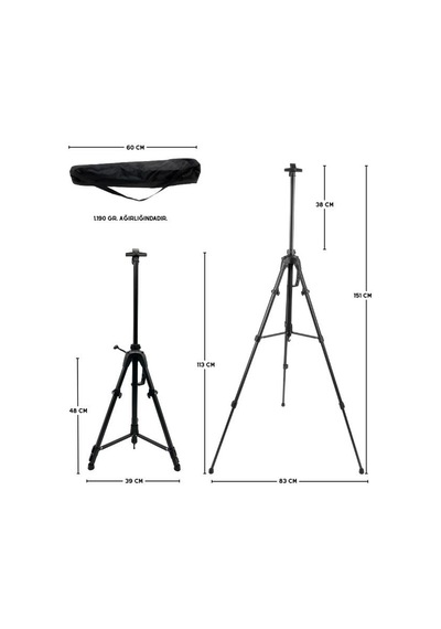Katlanabilir Metal Tripod Şövale - Kollu Yükseklik Ayarlı, Su Terazili, Pusulalı, Siyah