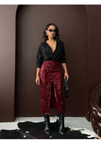 Verymoda Pullu Kadife Uzun Etek F2053 Bordo