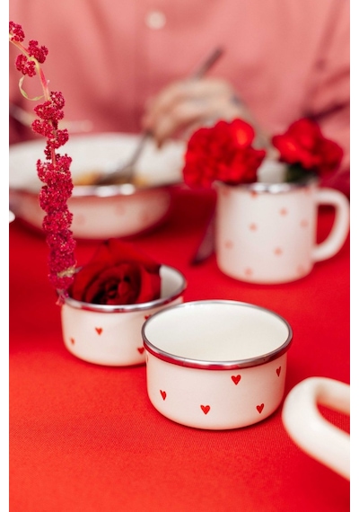 Cupid Emaye 4 Lü Kapaklı Kase Çerezlik, Kahvaltılık, Reçellik, Zeytinlik, Sunumluk Seti 8cm 200 Ml Krem - Kırmızı