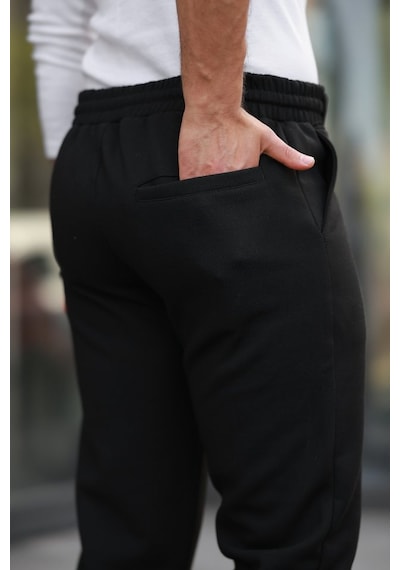Etiler Collection Erkek Beli Bağcıklı Duble Paça Örme Pamuklu Kumaş Jogger Pantolon Siyah