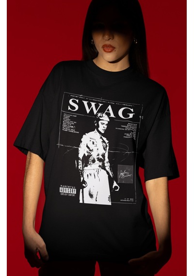Sevbano Tasarım Justin Bieber Swag Şarkıcı Baskılı Unisex Oversize Tişört Siyah