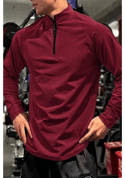 Genius Store Erkek Yarım Fermuarlı Compression Uzun Kol Spor Tişört Ve Fitness Tişörtü Dalgıç-uzun Bordo