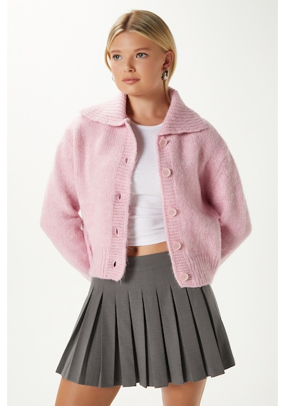 Ritnice Kadın Lean Yumuşak Doku Polo Yaka Pembe Basic Triko Hırka Hı00179 Pembe